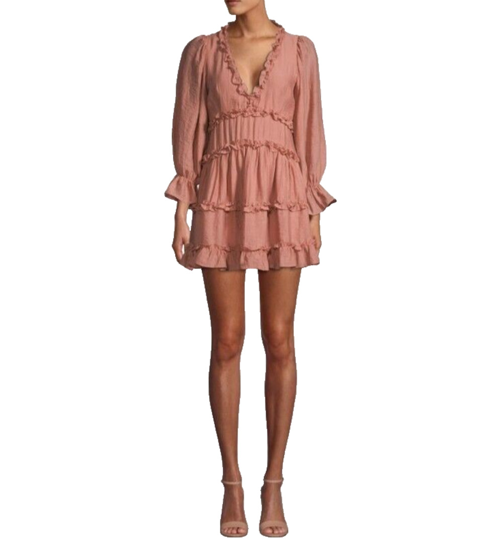 Cistar New York V-Neck Mini Dress M Dusty Pink Ruffles Tiered Cut Out Balloon